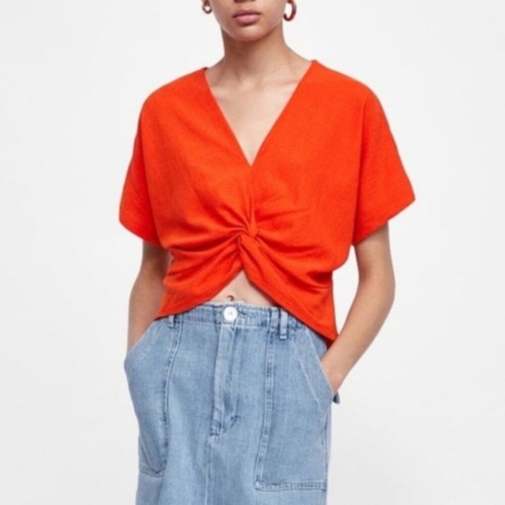 ZARA ORANGE KNOTTED TWIST TEXTURED WEAVE WOMEN BLOUSE SIZE SMALL NEW WITHOUT TAG
